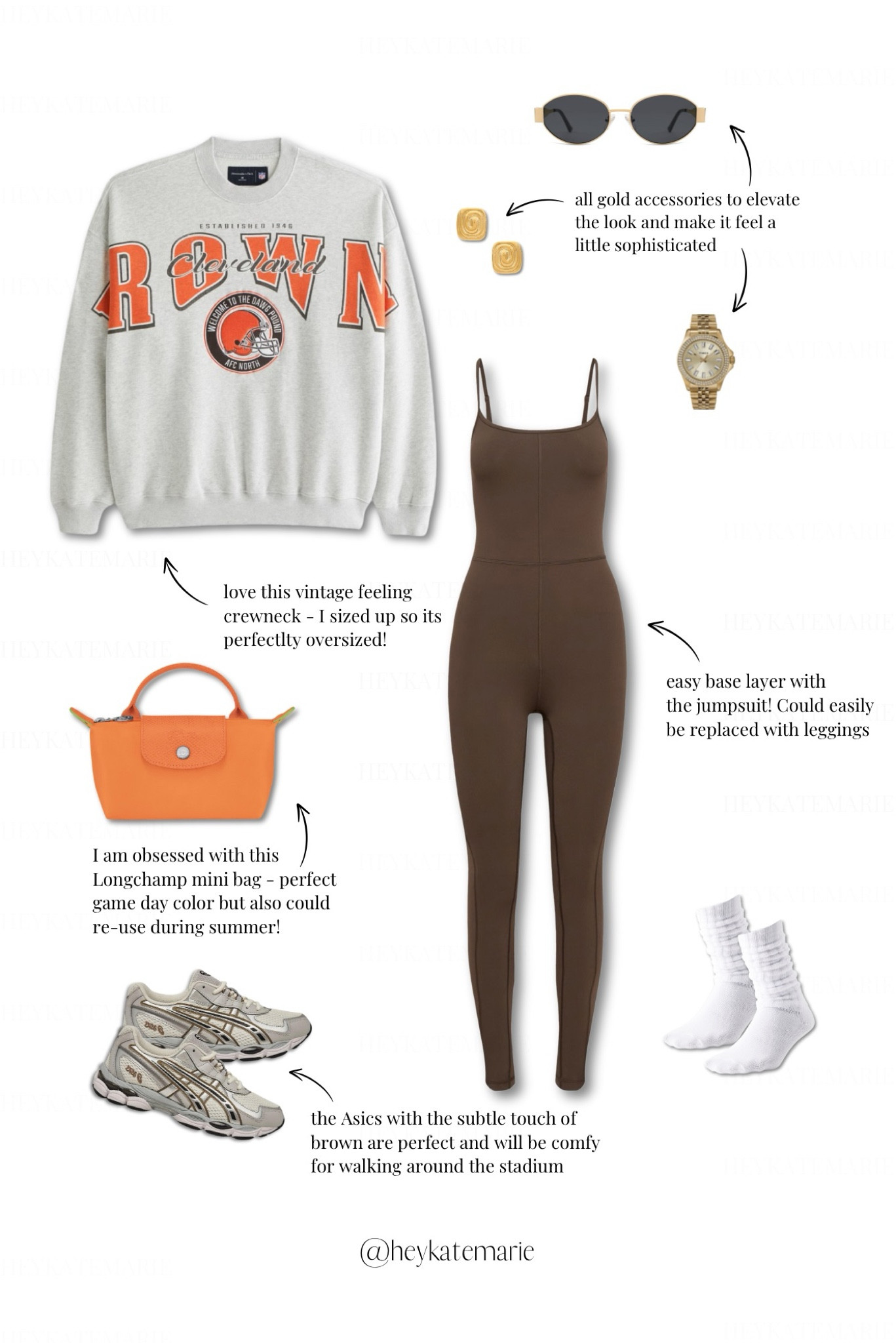 Game Day Series -Browns Game Day Outfit Inspo ft. Oversized Abercrombie sweatshirt with brown Aritzia jumpsuit and gold accessories from Amazon and timex as well as a chunky white sock, ASICS tennis shoes / sneakers and an orange longchamp pursee

#LTKActive #LTKFindsUnder100 #LTKBacktoSchool
