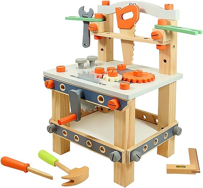 Amazon.com: Wooden Tool Bench for Kids Toddlers, Pretend Play Workbench Set Workshop Workbench Co... | Amazon (US)