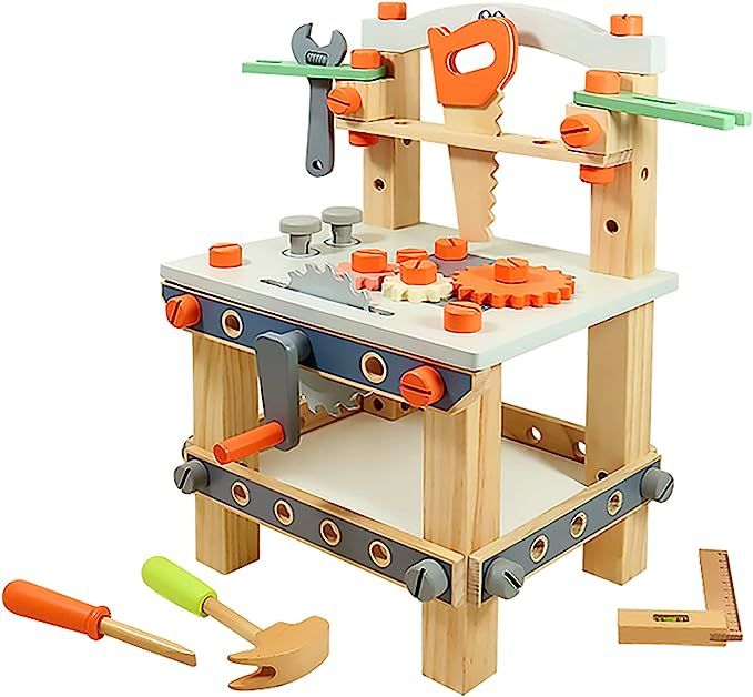 Amazon.com: Wooden Tool Bench for Kids Toddlers, Pretend Play Workbench Set Workshop Workbench Co... | Amazon (US)