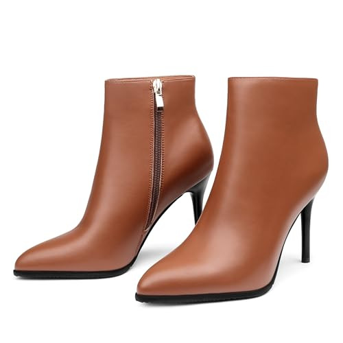 COLETER Women's Brown Leather Ankle Boots Thin Heels Pointy Toe Zipper Daily Wear Booties Brown New 9 US | Amazon (US)