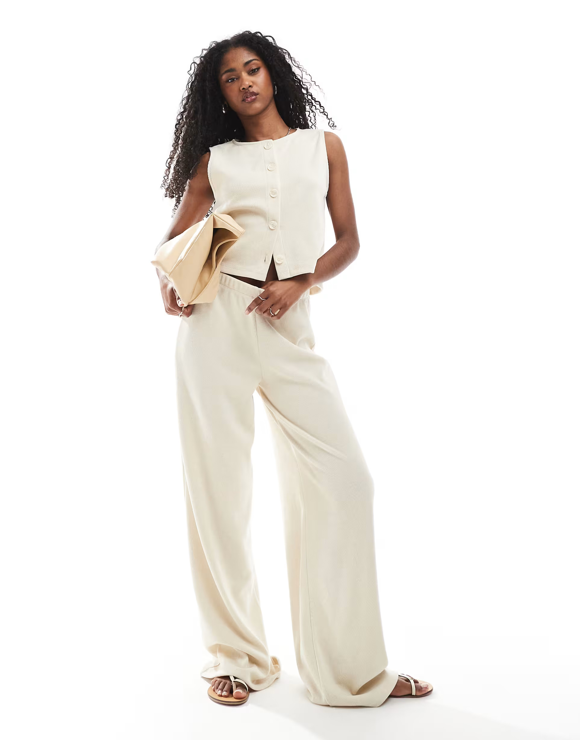 Miss Selfridge premium soft rib wide leg trouser in ivory | ASOS (Global)
