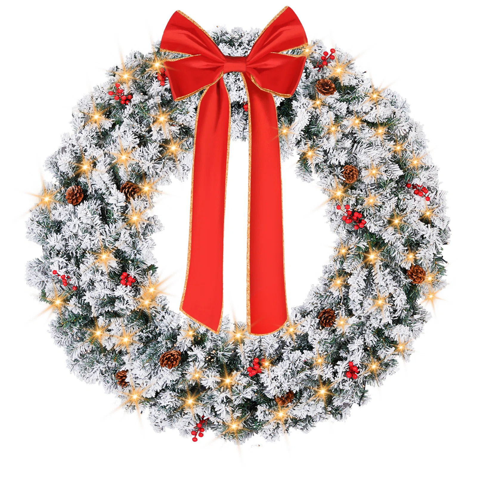 Pre-Lit Flocked Christmas PVC Wreath With Bow Pinecones & Berries | Wayfair North America