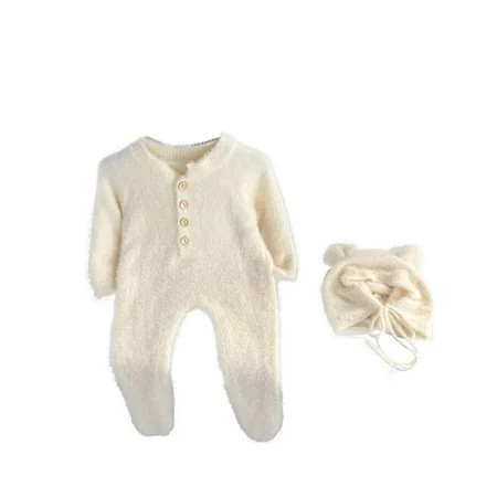 Zwiiyzr Cotton Baby Footie Romper Newborn Fuzzy Fluffy Baby Clothes Long Sleeve Fleece Outfit for Boy and Girls with Warm Hat Set 0-18M White | Walmart (US)