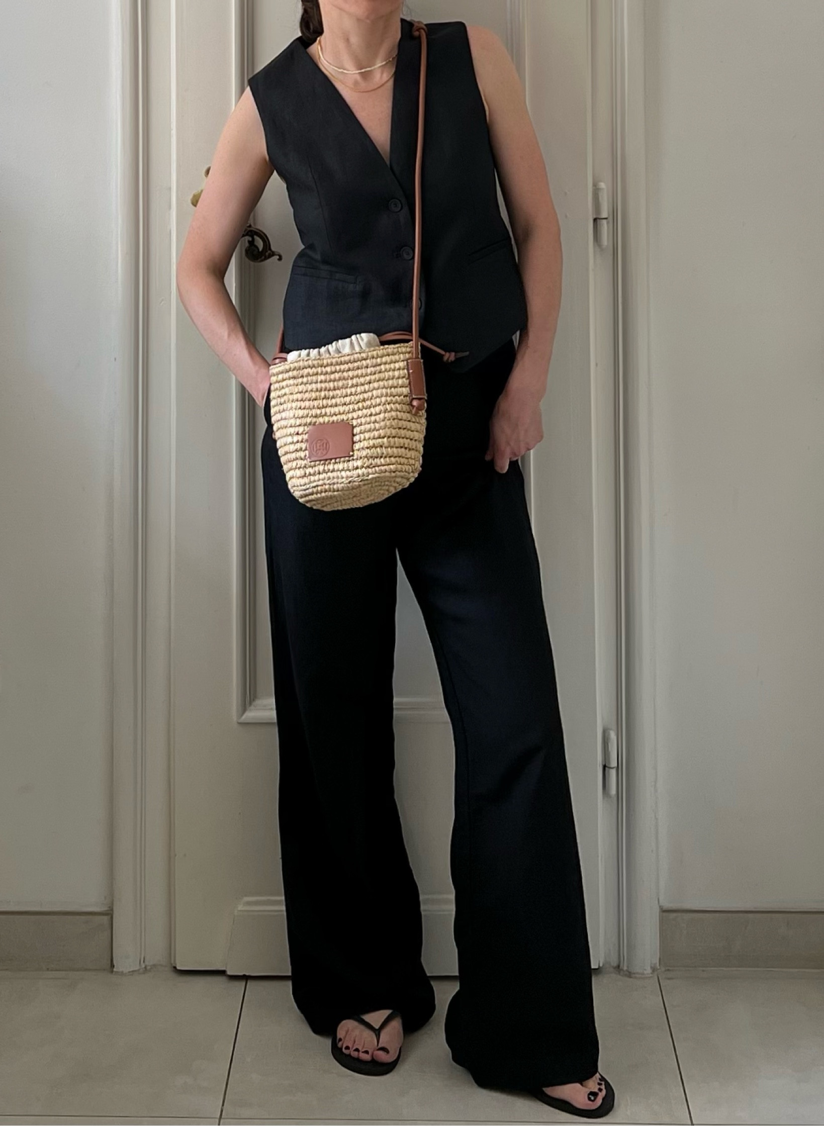 Waistcoat outfit, black linen waistcoat, linen waistcoat, linen outfit, black outfit, summer bag, straw bag, bucket bag

#LTKshoes #LTKbag #LTKsummer