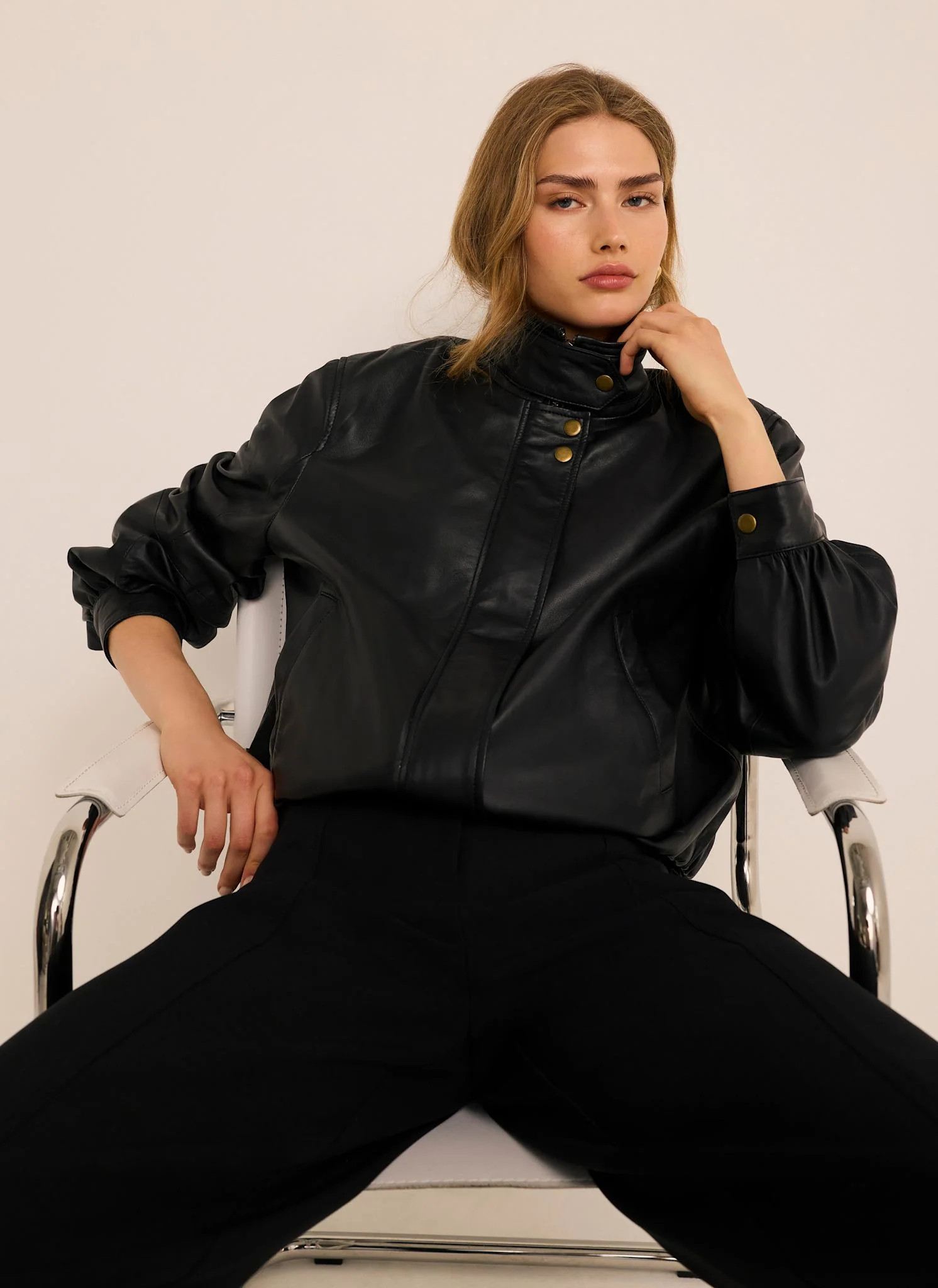 Black Leather Ultimate Funnel Neck Bomber Jacket | Mint Velvet - UK