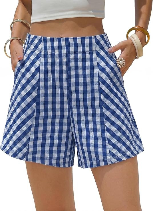 EXLURA Womens Cotton Boxer Shorts Faux Linen Gingham Shorts Summer High Waist Plaid Y2K Beach Bot... | Amazon (US)