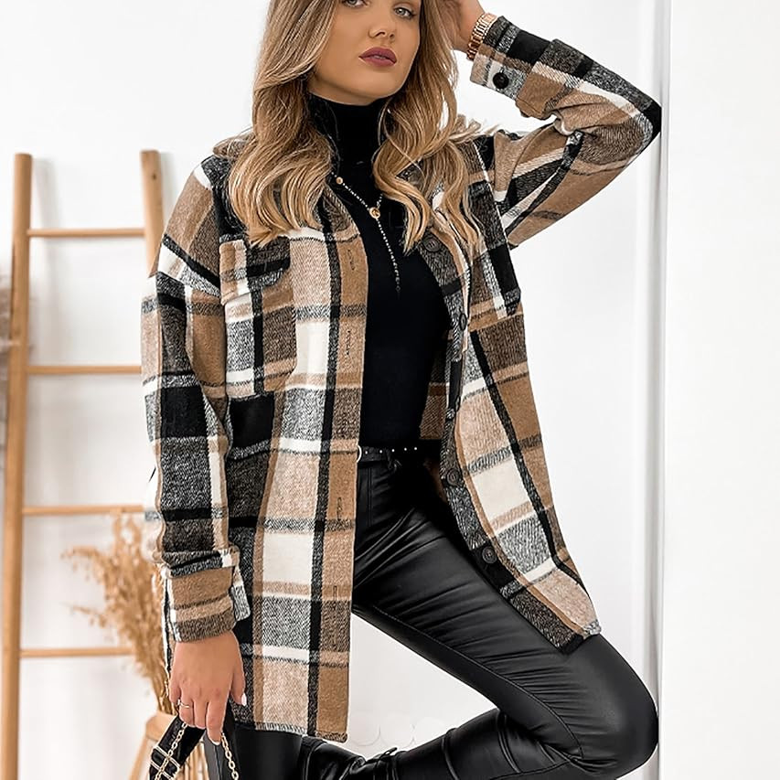 Trendy Queen Womens Flannel Shacket Jacket Casual Plaid Wool Blend Button Down Long Sleeve Shirt ... | Amazon (US)
