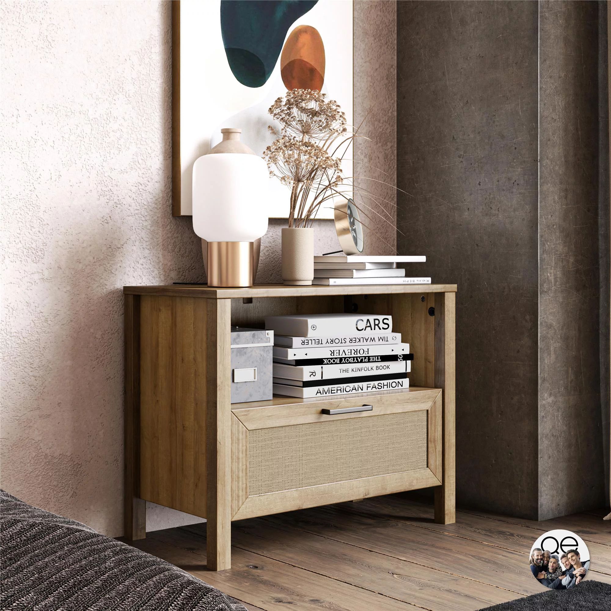 Queer Eye Wimberly 1 Drawer Nightstand, Natural with Faux Rattan - Walmart.com | Walmart (US)