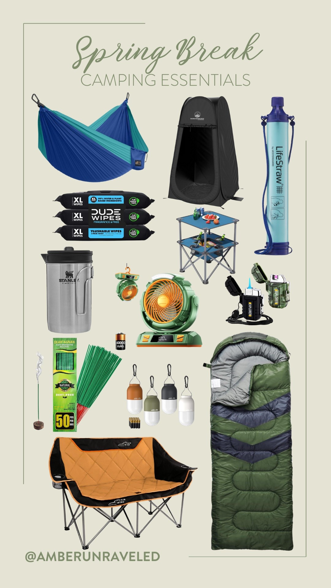 Spring Break is calling, and your adventure toolkit is ready! Picture this: a cozy sleeping bag under a canopy of stars, a refreshing breeze from your portable LED fan, and a clean, comfortable space thanks to Dude Wipes. Set up your camp with a sturdy table, light your way with a reliable lantern, and stay hydrated with a LifeStraw. Even the camp chair gets a stylish upgrade! 
#campingessentials #outdooractivity #packforadventure #affordablefinds

#LTKSeasonal #LTKU #LTKFindsUnder100