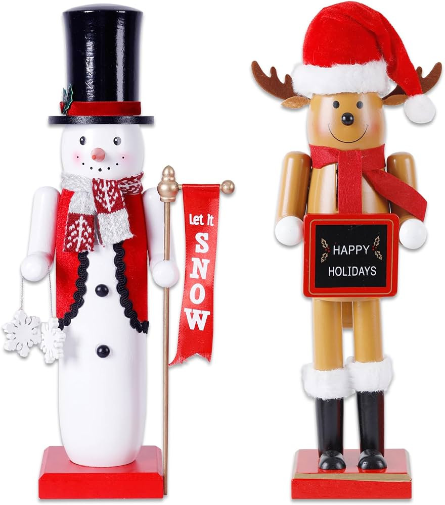 2Pcs 14inch Christmas Nutcracker Wooden Nutcracker Christmas Decor Snowman Reindeer Nutcracker fo... | Amazon (US)