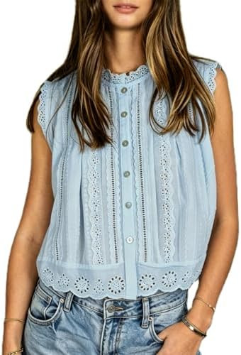 Women Y2k Semi Sheer Blouse Eyelet Embroidery Sleeveless Button Down Mock Neck Casual Cropped Lac... | Amazon (US)