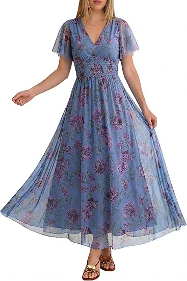 ANRABESS Women Summer Floral Maxi Dress Short Sleeve Boho Flowy Tulle Beach Vacation Wedding Gues... | Amazon (US)