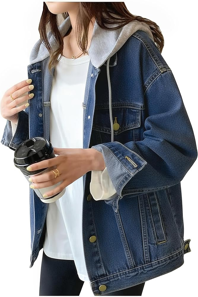 LifeShe Women's denim jacket with hood oversized distressed jean jackets hoodie | Amazon (US)