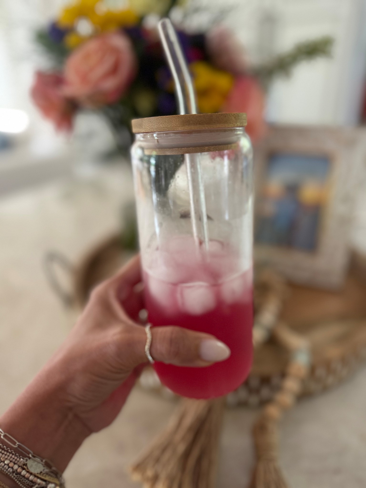Glass tumblers + bamboo lid + glass straw. So affordable and so much healthier than using a plastic straw  
