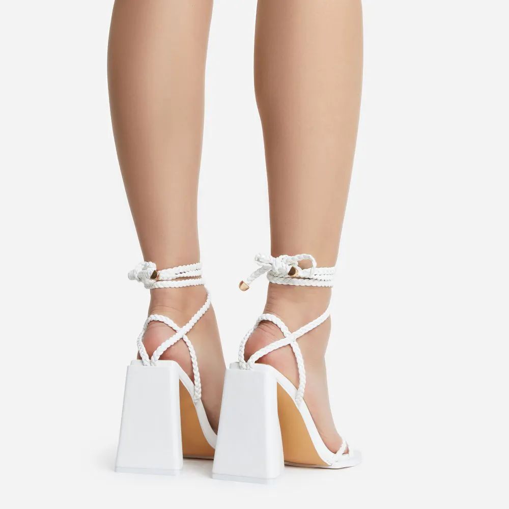 Closer Lace Up Braided Strap Open Toe Sculptured Block Heel In White Faux Leather | EGO Shoes (US & Canada)