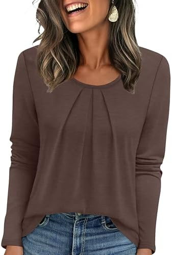 OFEEFAN Long Sleeve Shirts for Women Pleated Crewneck Womens Tops Dressy Casual Business Blouses ... | Amazon (US)