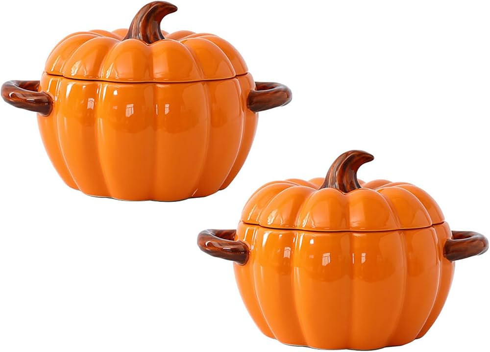 2 Pcs Pumpkin Bowl Set with Lid and Handle, 17 Oz Ceramic Ramekins for Baking, Casserole Dish Ind... | Amazon (US)