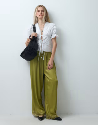 Reclaimed vintage satin trouser with lace trim in olive khaki | ASOS (Global)