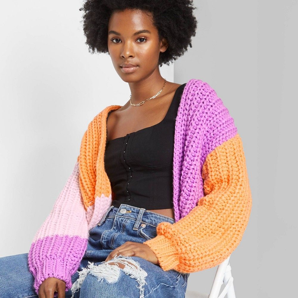 Women's Crafted Chunky Knit Cardigan - Wild Fable Orange Color Block XS | Target