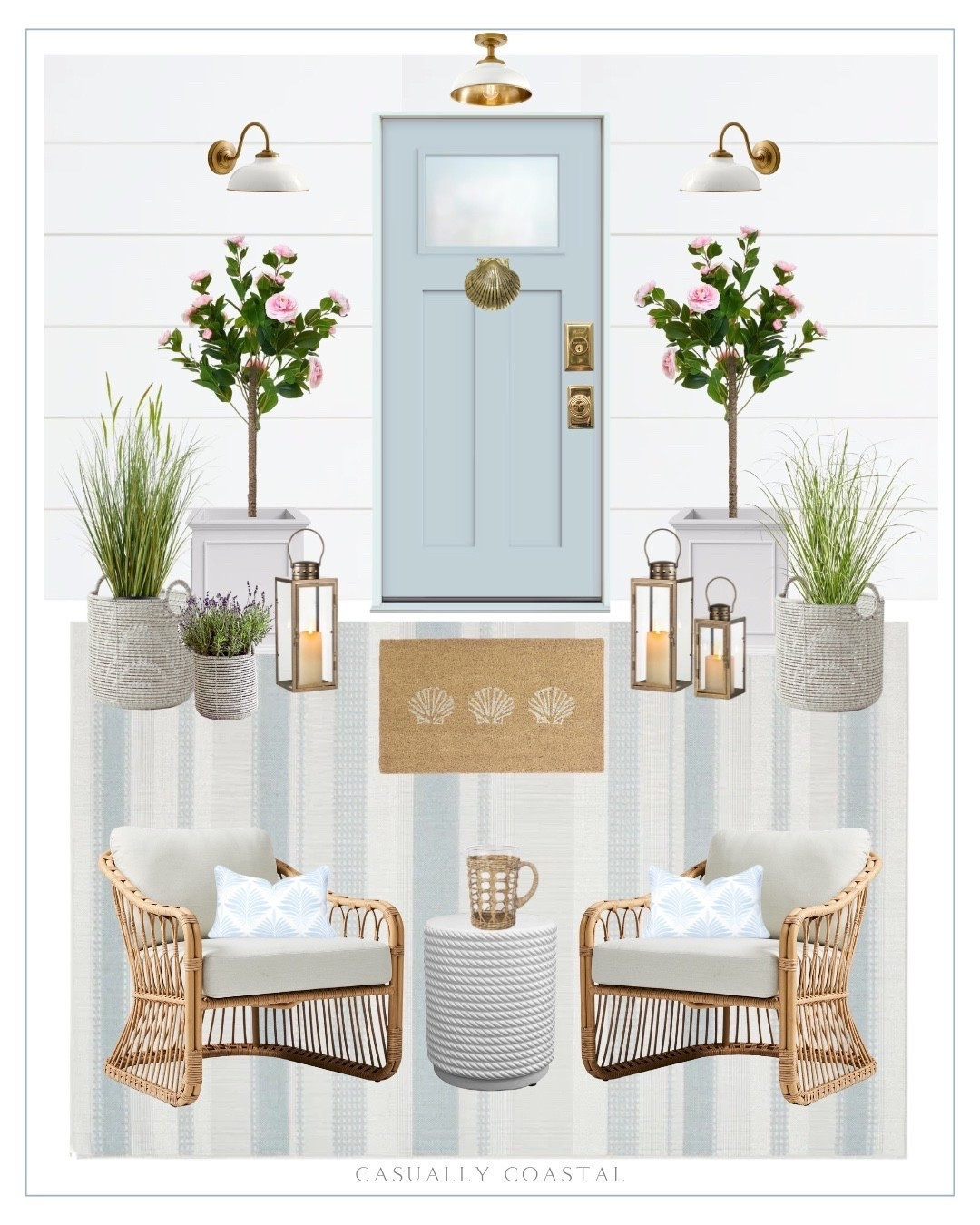 Summer Front Porch

Coastal front porch, coastal home, porch decor, camellia trees, wayfair porch decor, plastic square planter box, outdoor wicker swivel chair, coastal swivel chair, wayfair chair, lounge chair, west elm chair, wayfair rug, porch rug, coastal rug, striped rug, blue and cream rug, seashell coastal doormat, white side table, coastal side table, scallop door knocker, vintage lantern, metal round indoor/outdoor sconce, coastal sconce, white and vintage brass sconce, round indoor/outdoor flush mount, woven planter, artificial grass plant, 35in cattail grass in pot, woven beverage pitcher, grandmillennial pillows, coastal pillow covers, Amazon pillow cover

#LTKHome #LTKSeasonal