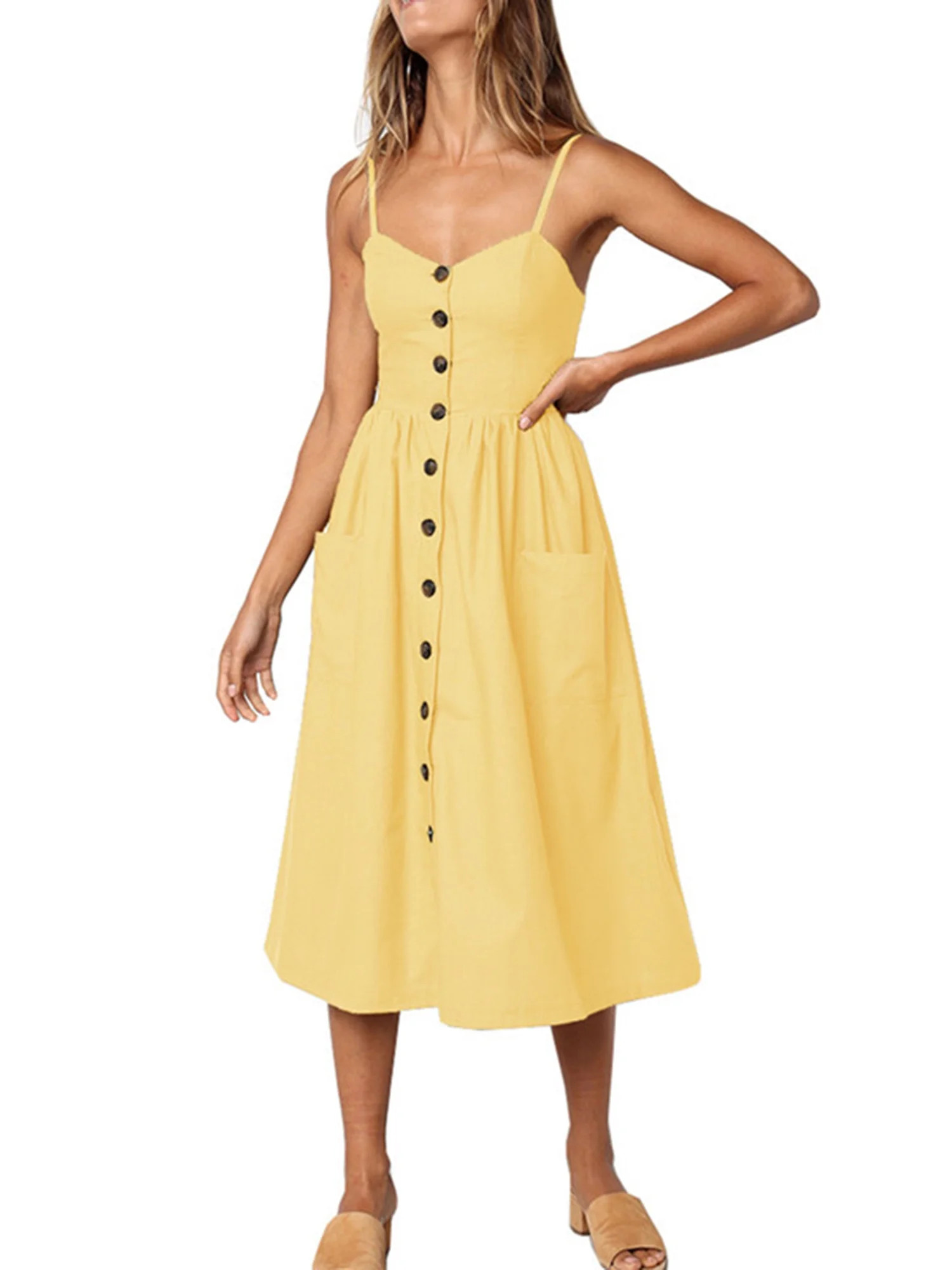Womens Summer Holiday Beach Bardot Button Through Ladies Sling Long Smock Sun Dress | Walmart (US)