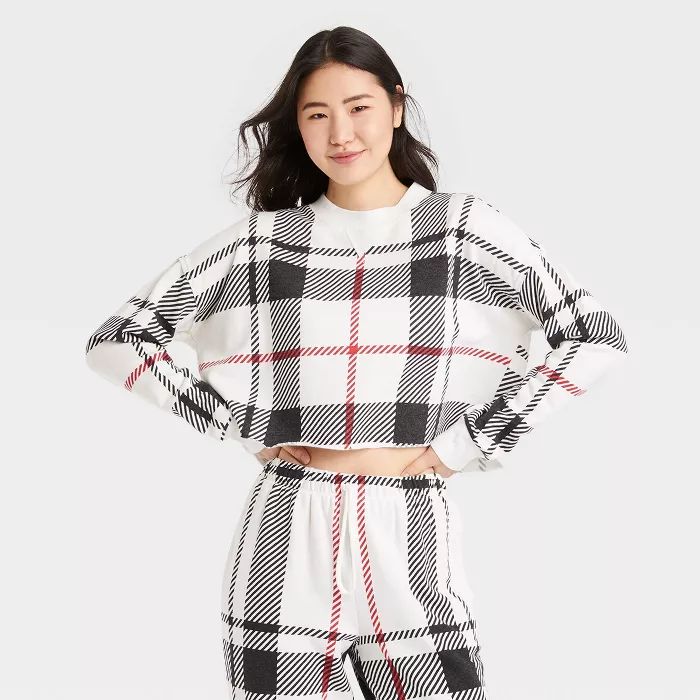 Women's Plaid Fleece Lounge Sweatshirt - Colsie™ Cream | Target