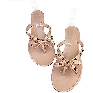 Womens Rivets Bowtie Flip Flops Jelly Thong Sandal Rubber Flat Summer Beach Rain Shoes | Amazon (US)