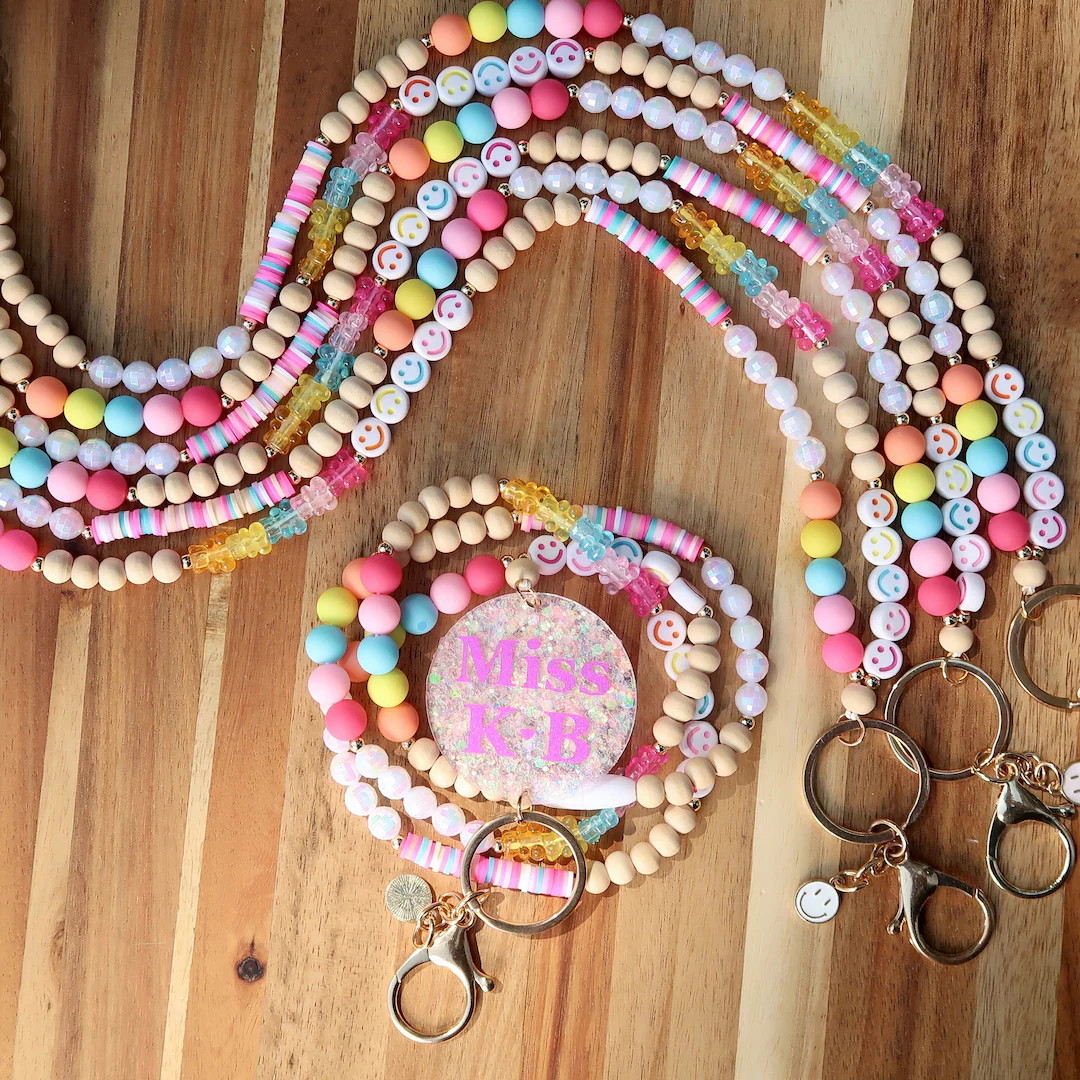 Smiley Face Personalized Teacher Lanyard Rainbow Beaded - Etsy UK | Etsy (UK)