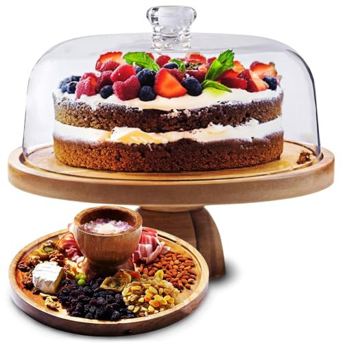 AZ-Homey Cake Stand with Acrylic Dome Lid 2-in-1 Multifunctional Round Shatterproof Dessert Table Display Set with Acacia Wood Serving Platter, Veggie Tray, Fruit Bowl, Donut Stand, Nachos Plate | Amazon (US)