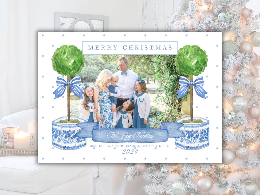 Watercolor Grandmillennial Blue Bitty Dots Chinoiserie Christmas Card Template Instant Download E... | Etsy (US)