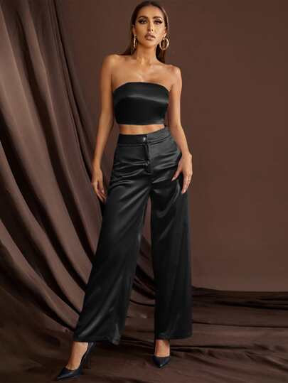 SHEIN BAE Satin Tube Top & Wide Leg Pants | SHEIN