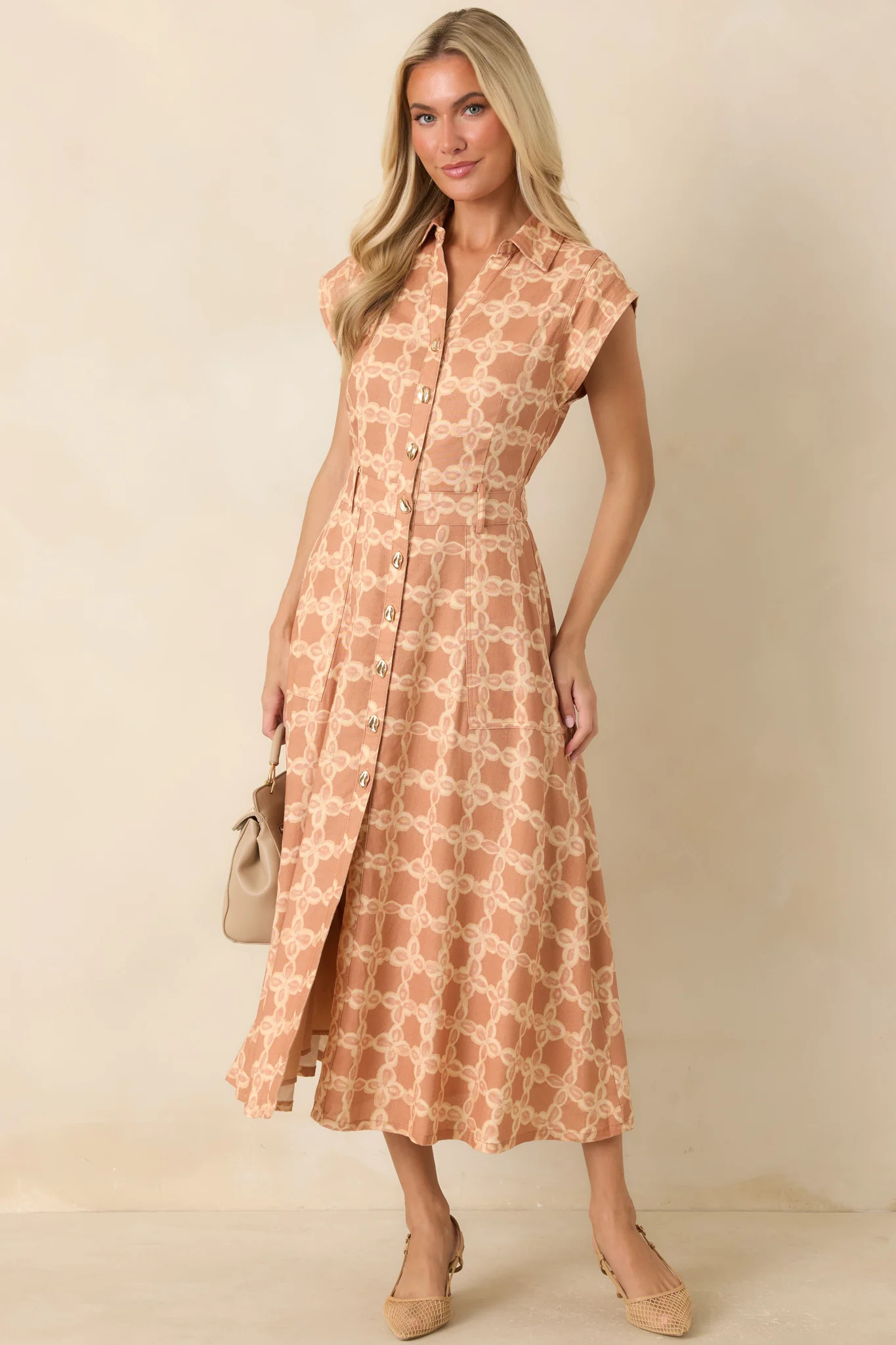 The Next Chapter Tan & Ivory Printed Midi Dress | Red Dress
