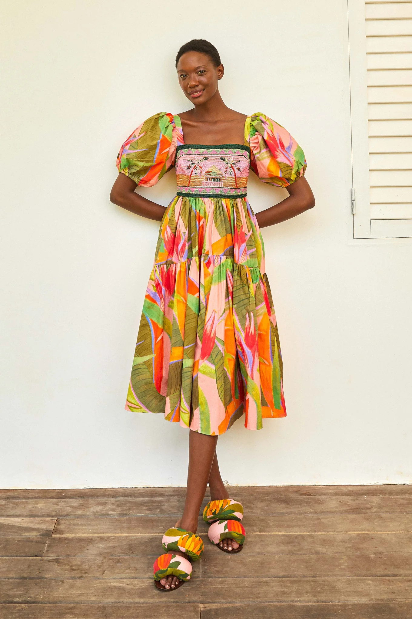 pink garden embroidered top midi dress | FarmRio (US)