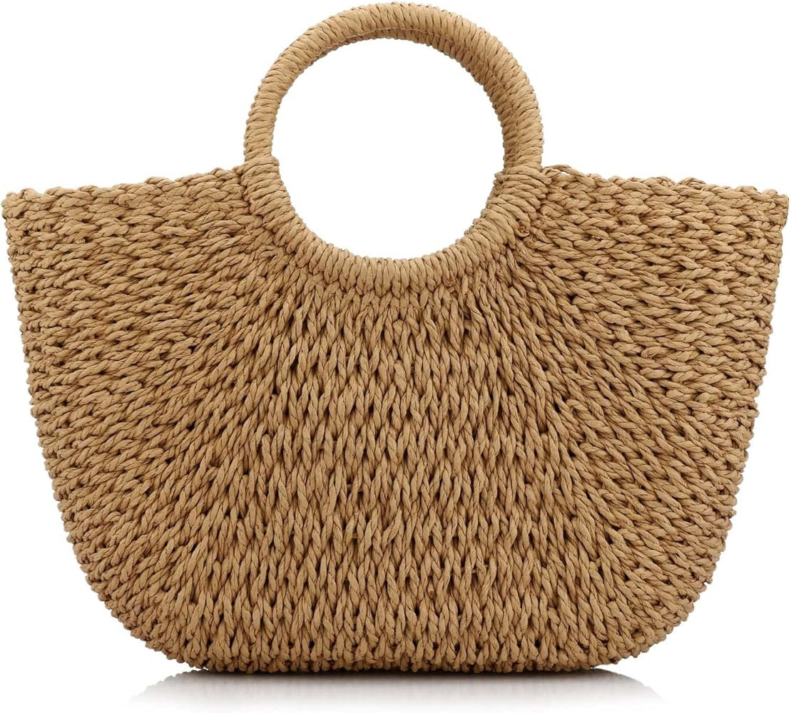 Hand-woven Straw Large Hobo Bag for Women Round Handle Ring Toto Retro Summer Beach Straw Bag | Amazon (US)