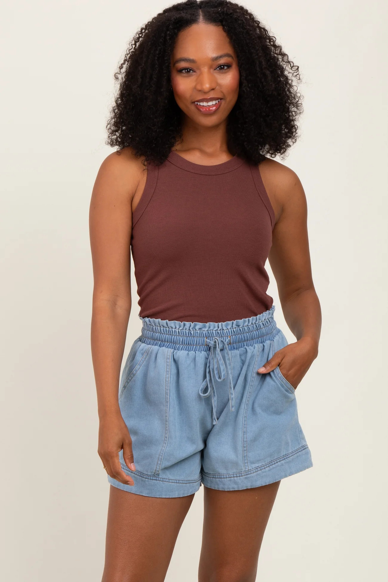 Light Blue Chambray Smocked Drawstring Waist Shorts | PinkBlush Maternity
