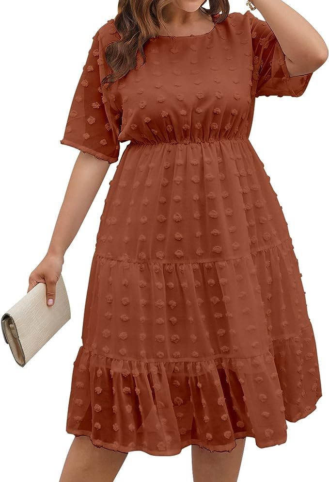 TELINVEY Vestido de gasa de punto suizo para mujer, talla grande, elegante, de manga corta, midi ... | Amazon (US)