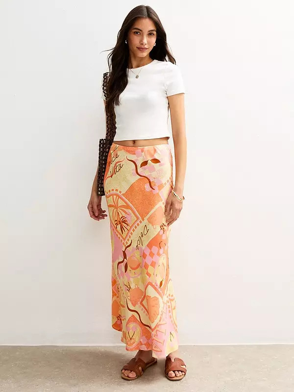 New Look Orange La Dolce Vita Bias Cut Print Midi Skirt | Very (UK)