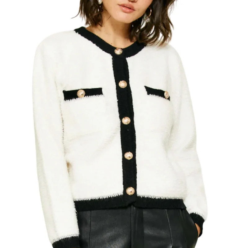 Line and Dot Bon Short Cardigan In White/Black - White - L | Verishop