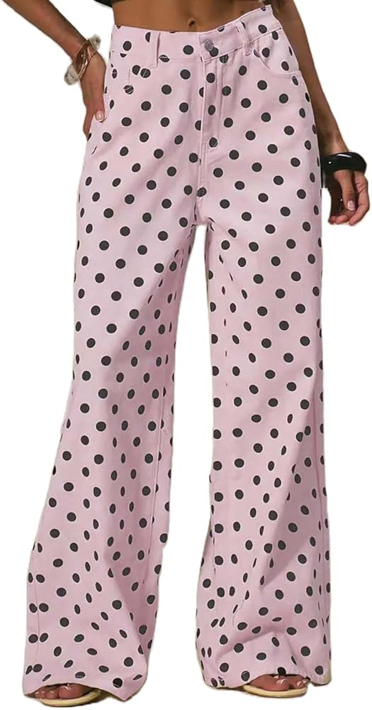 Mxiqqpltky Polka Dot Jeans Women Low Rise Cute Baggy Jeans Y2k Straight Wide Leg Boyfriend Denim ... | Amazon (US)