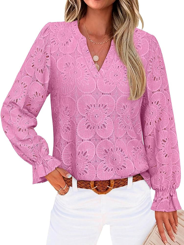 RUMIA Womens Blouses V Neck Eyelet Lace Tops with Lining Dressy Sheer Long Sleeve Shirts Embroide... | Amazon (US)