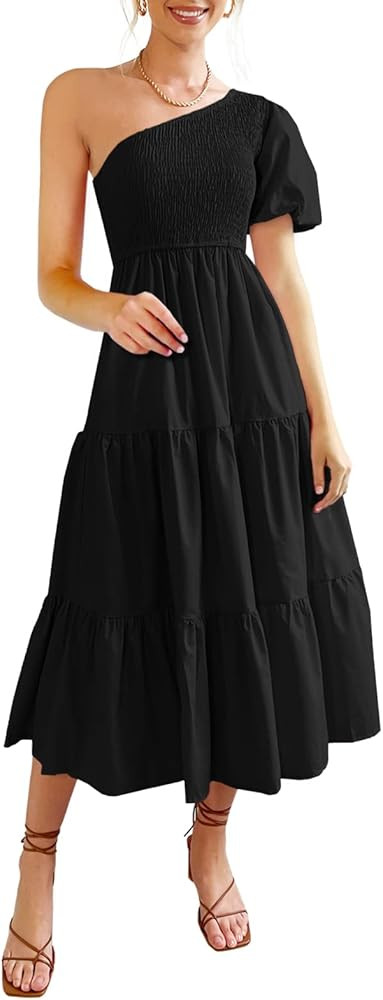 Women's Boho Smocked Dress One Shoulder Dresses Summer Casual Midi Dresses Short Puff Sleeves Tie... | Amazon (US)