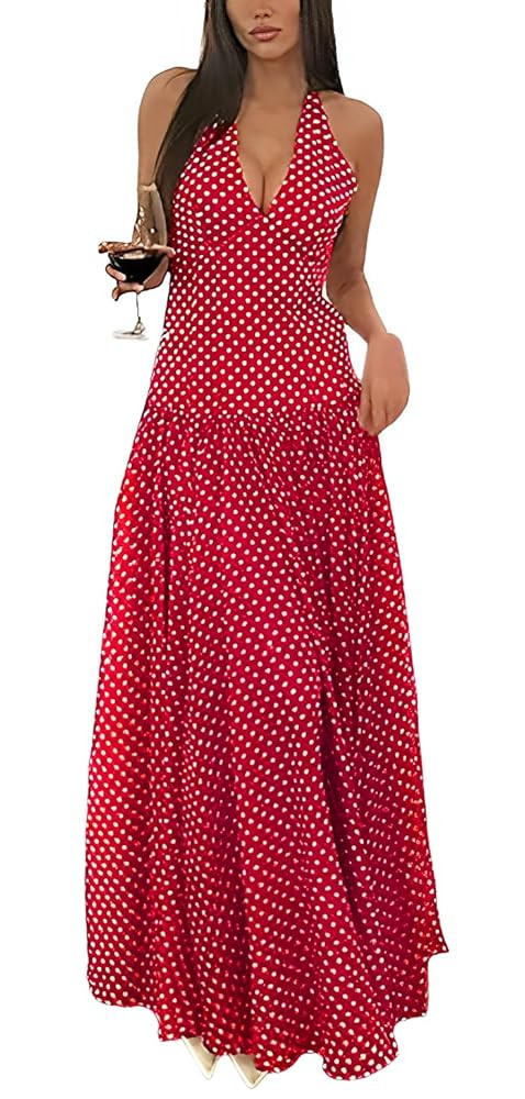Women's Polka Dot Halter Neck Sleeveless V-Neck Swing Summer Sundress Casual Retro Cocktail Party... | Amazon (US)