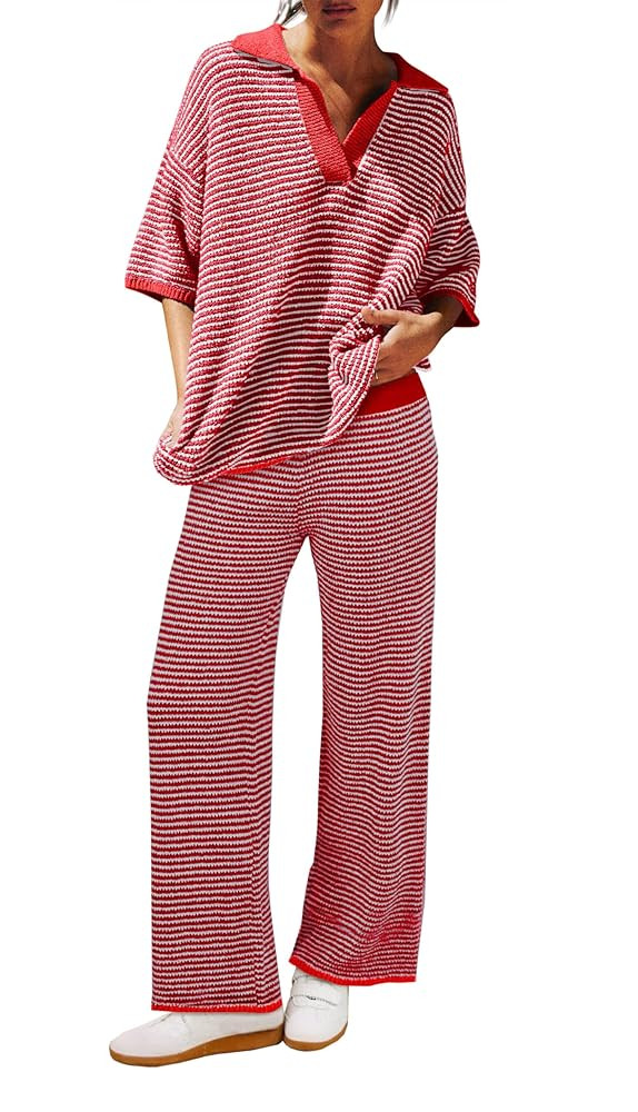 Tankaneo Womens Sweater Set Striped 2 Piece Outfits Oversized 3/4 Sleeve V Neck Knit Tops Wide Le... | Amazon (US)