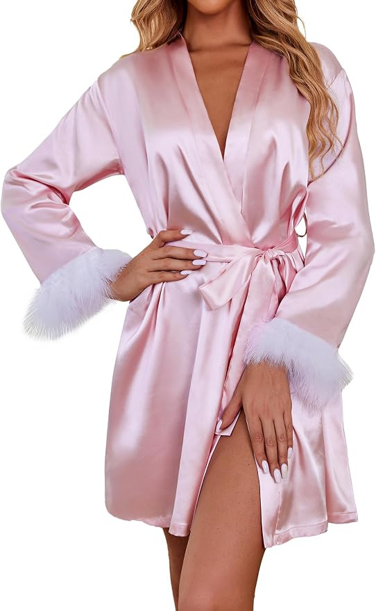 Ekouaer Women's Satin Robe Short Bridesmaid Bride Feather Bridal Robe Kimono Silky Long Sleeve Ba... | Amazon (US)