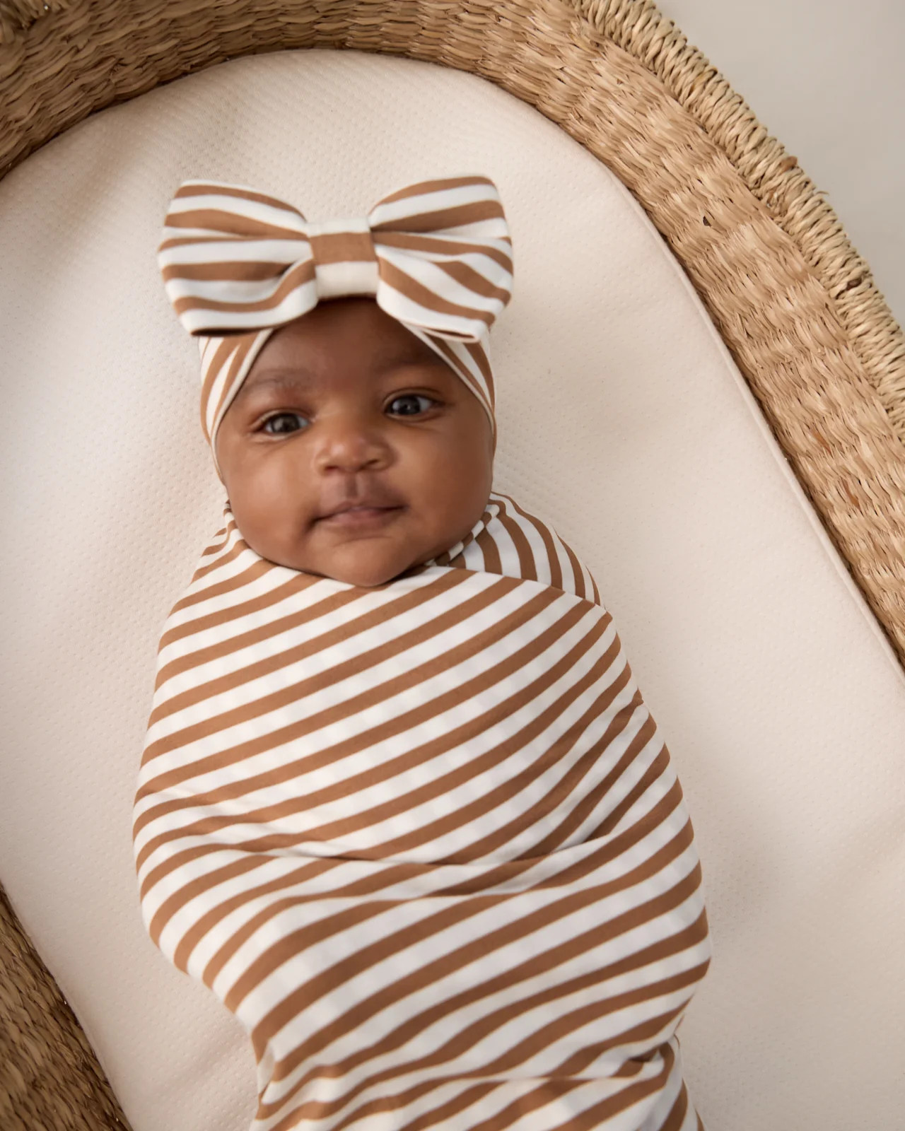 Chestnut Brown Stripe Swaddle & Luxe Baby Girl Soft & Stretchy Bamboo Bow Headbands Set | Little Sleepies