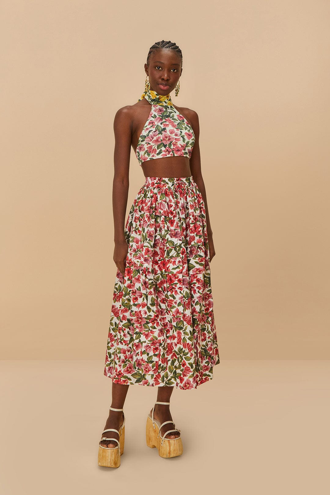 Pink Halftone Bougainvillea Organic Cotton Maxi Skirt | FarmRio (US)