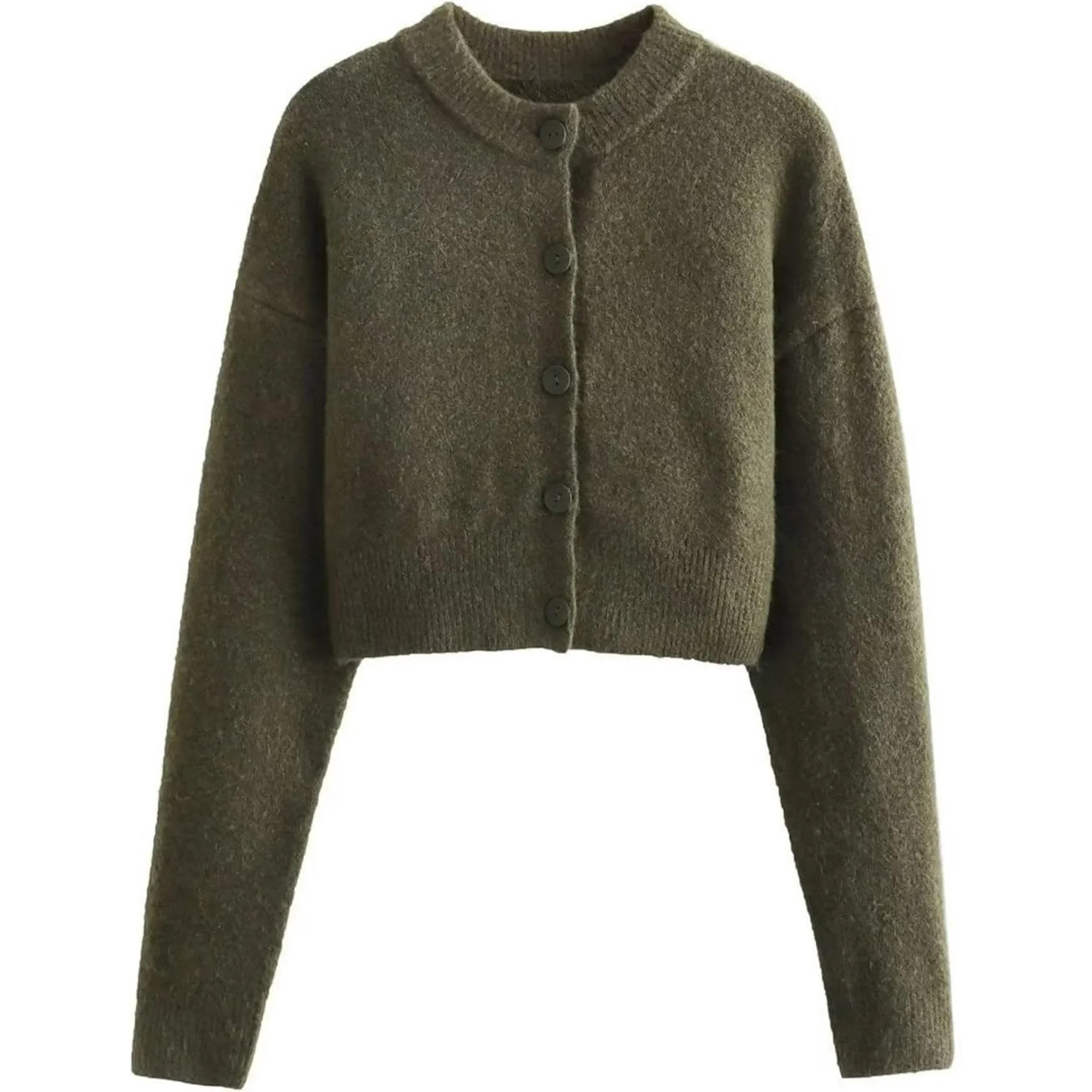 NANAHuang Women’s Cropped Cardigan Sweater Crewneck Solid Color Long Sleeve Button Down Knitted... | Walmart (US)