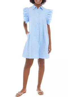 Women's Ruffle Sleeve Poplin Shirt Dress | Belk