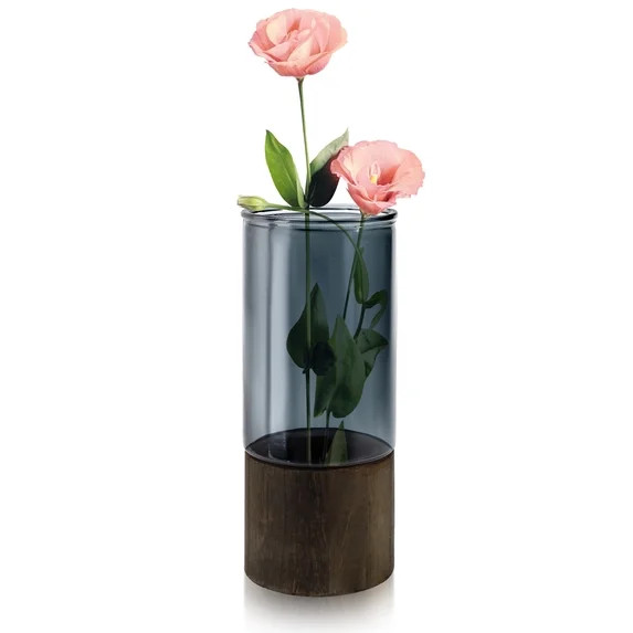 LELE LIFE Glass Vase Wood Base, 10" H, Cylindrical Tall Flower Vase, Classic Boho Rustic Style fo... | Walmart (US)