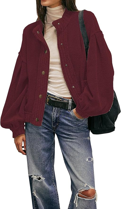 Cardigan Jacket for Women Loose Fit Ribbed Knit Trim Casual Jacket Shacket with Pockets | Amazon (US)
